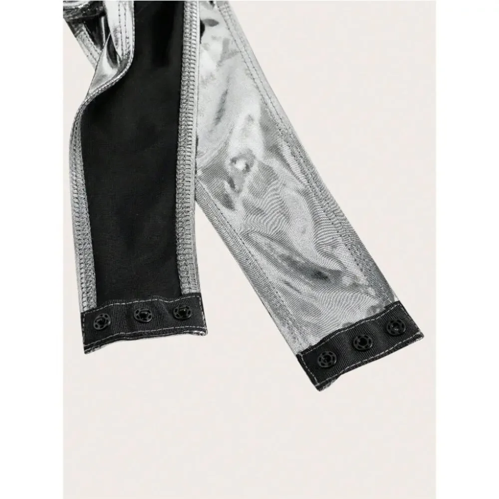 Metallic Silver High Cut Bodysuit Women Sleeveless Mock Neck Cutout Clubwear M - Picture 10 of 10